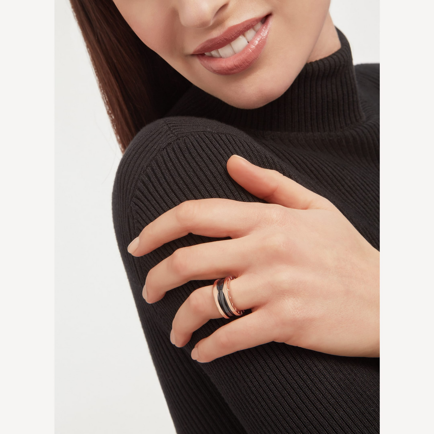 [valéa jewellery]ZERO 1 TWO-BAND LOOPS AND BLACK CERAMIC PINK GOLD RING